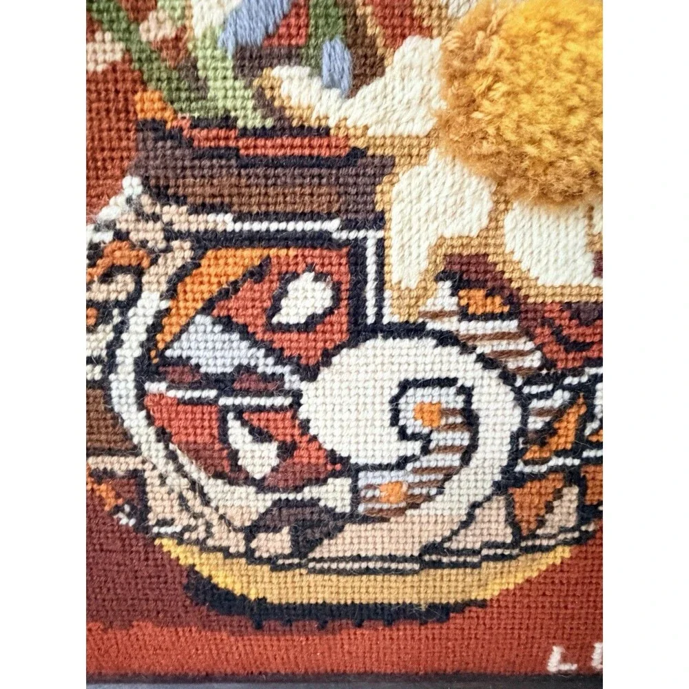 VTG Completed Needlepoint Crewel Large Stitchery Indian Heritage Bouquet 70s Art